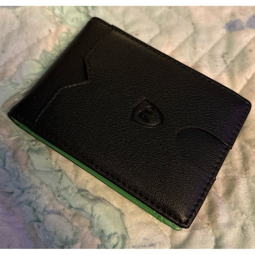 NEW Men's Minimalist Slim Black Faux Leather & Green Wallet w/ Money Clip